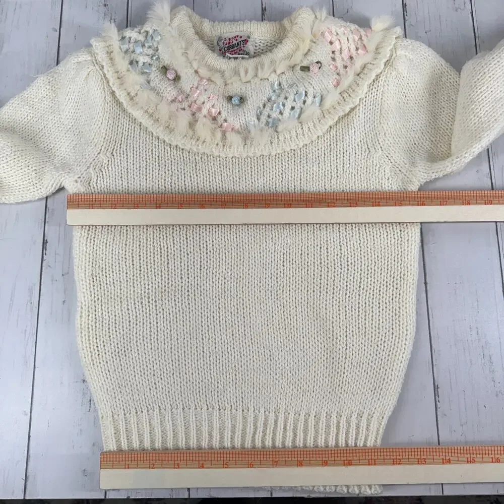 VTG Currants Cream Decorative Ribbon Collar Chunky Knit Sweater Korea Size Small